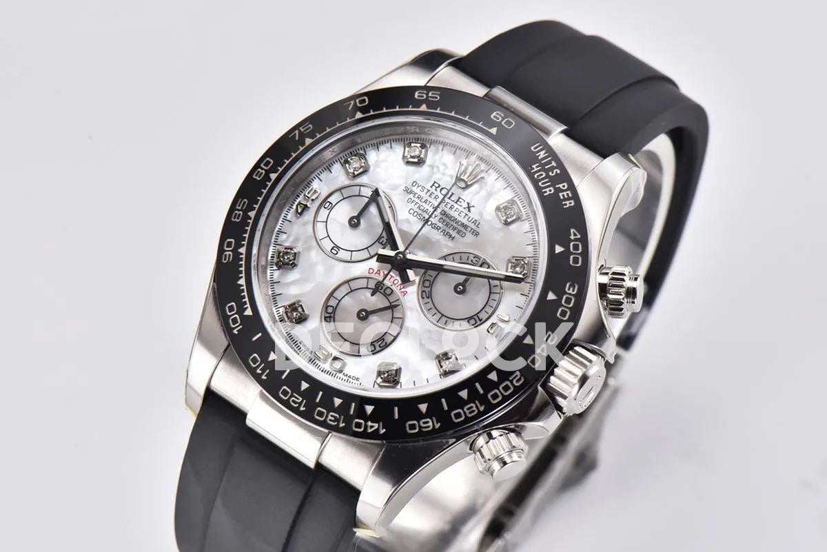 Replica Rolex Daytona 116519LN White MOP Dial in White Gold on Rubber Strap - Replica Watches