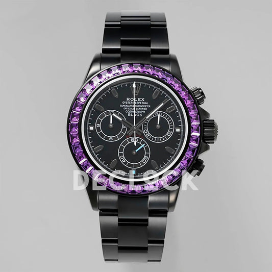 Replica Rolex Daytona Blaken Purple Diamonds Bezel Black Dial on PVD Bracelet - Replica Watches