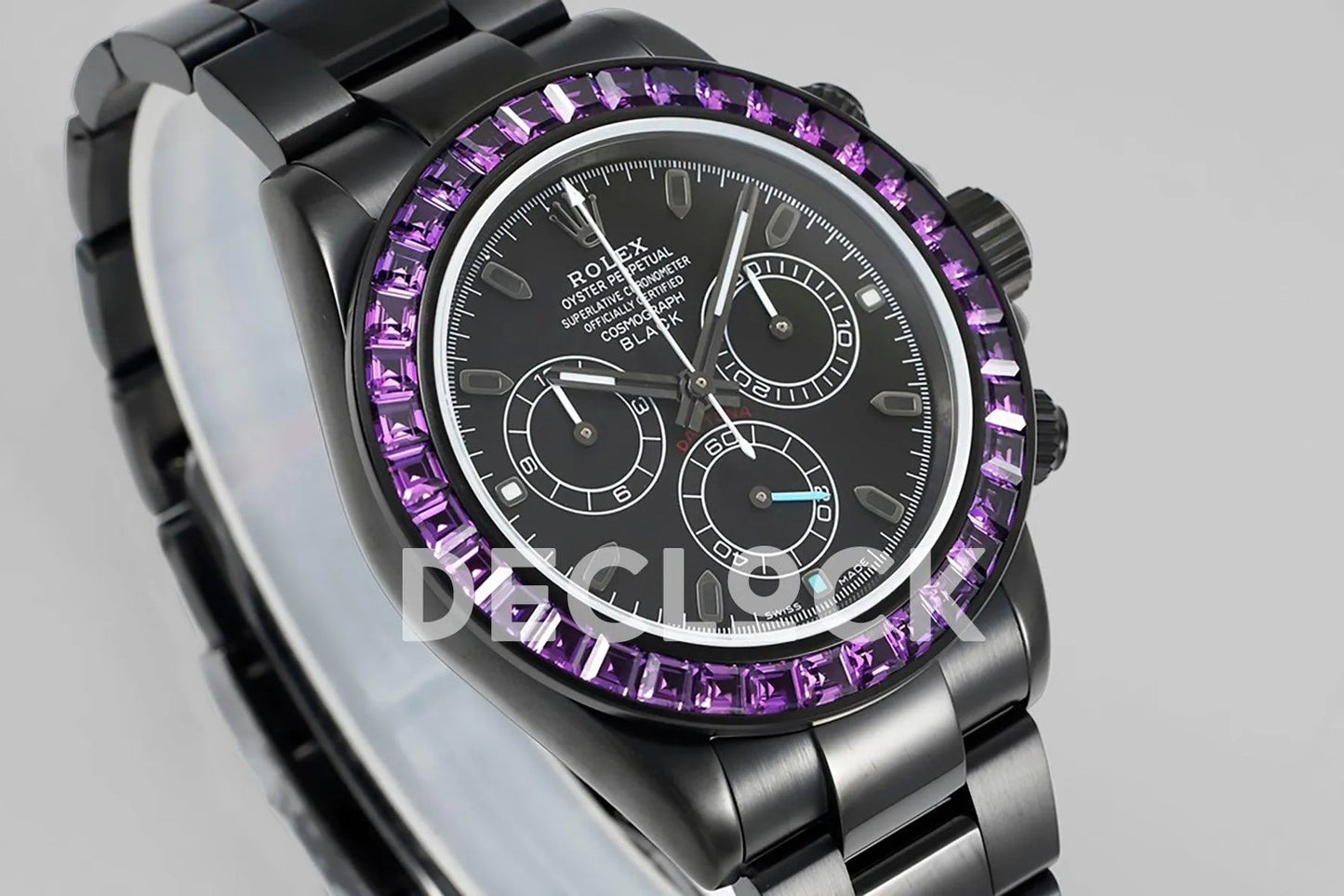 Replica Rolex Daytona Blaken Purple Diamonds Bezel Black Dial on PVD Bracelet - Replica Watches