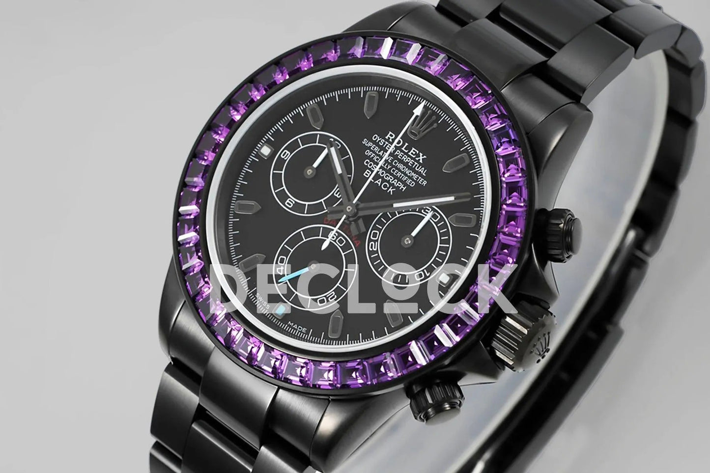 Replica Rolex Daytona Blaken Purple Diamonds Bezel Black Dial on PVD Bracelet - Replica Watches