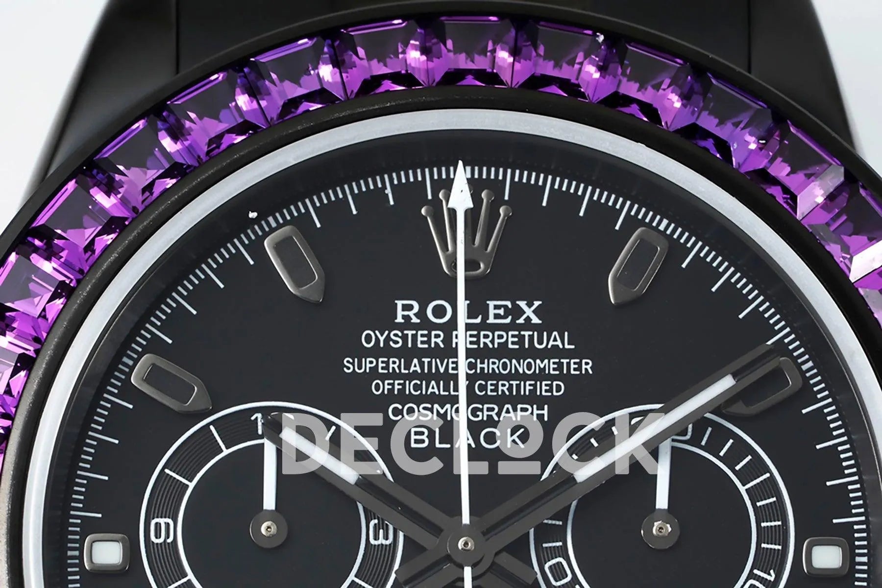 Replica Rolex Daytona Blaken Purple Diamonds Bezel Black Dial on PVD Bracelet - Replica Watches