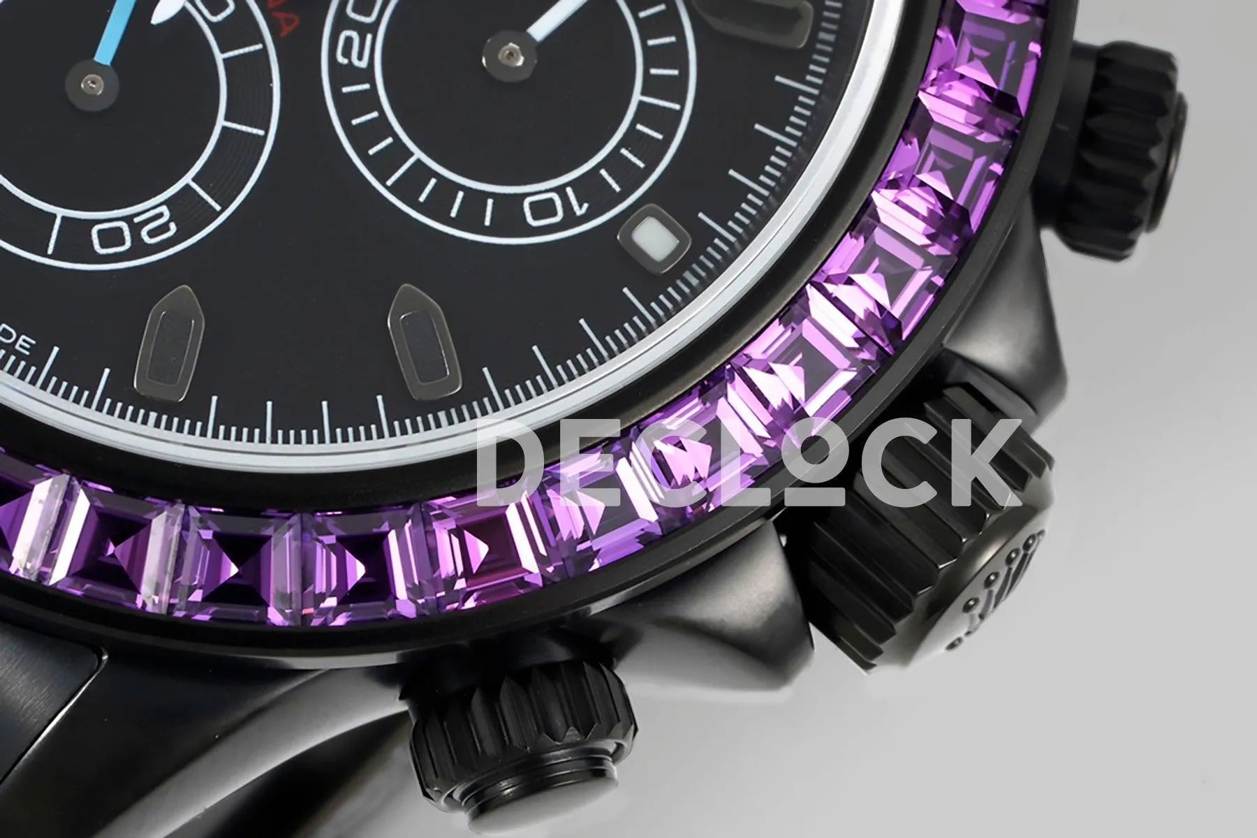 Replica Rolex Daytona Blaken Purple Diamonds Bezel Black Dial on PVD Bracelet - Replica Watches