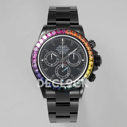 Replica Rolex Daytona Blaken Rainbow Diamonds Bezel Black Dial on PVD Bracelet - Replica Watches