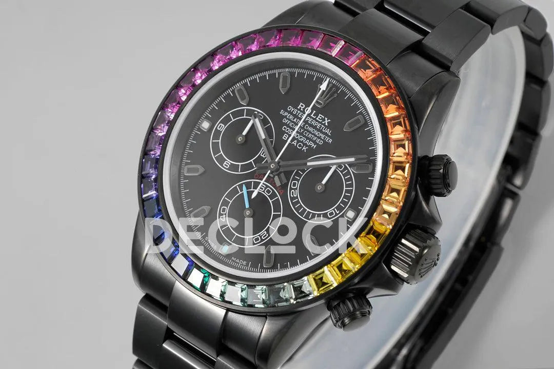 Replica Rolex Daytona Blaken Rainbow Diamonds Bezel Black Dial on PVD Bracelet - Replica Watches