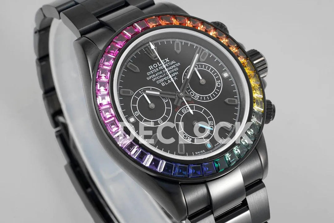 Replica Rolex Daytona Blaken Rainbow Diamonds Bezel Black Dial on PVD Bracelet - Replica Watches