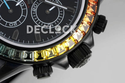 Replica Rolex Daytona Blaken Rainbow Diamonds Bezel Black Dial on PVD Bracelet - Replica Watches