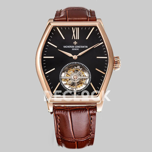 Replica Vacheron Constantin Malte Tourbillon Rose Gold on Black Dial on Brown Croco Leather Strap - Replica Watches