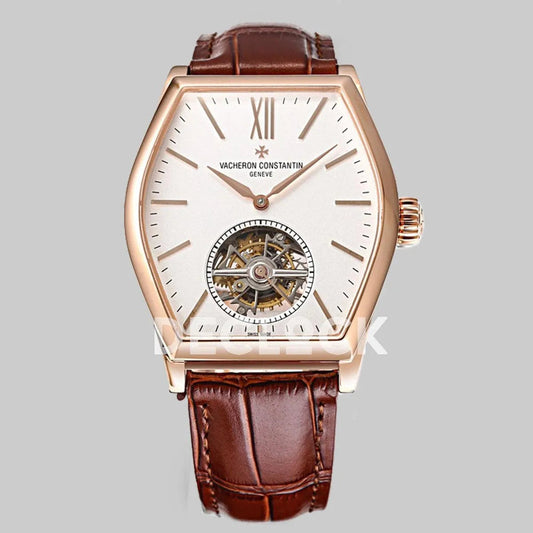 Replica Vacheron Constantin Malte Tourbillon Rose Gold on White Dial on Brown Croco Leather Strap - Replica Watches