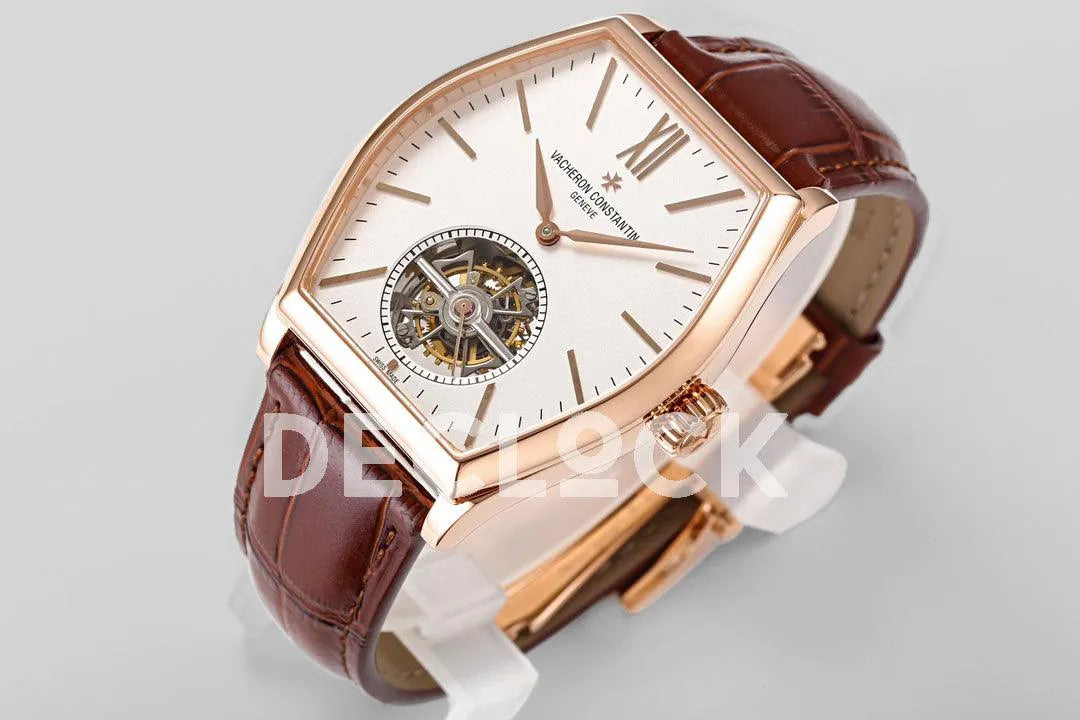 Replica Vacheron Constantin Malte Tourbillon Rose Gold on White Dial on Brown Croco Leather Strap - Replica Watches