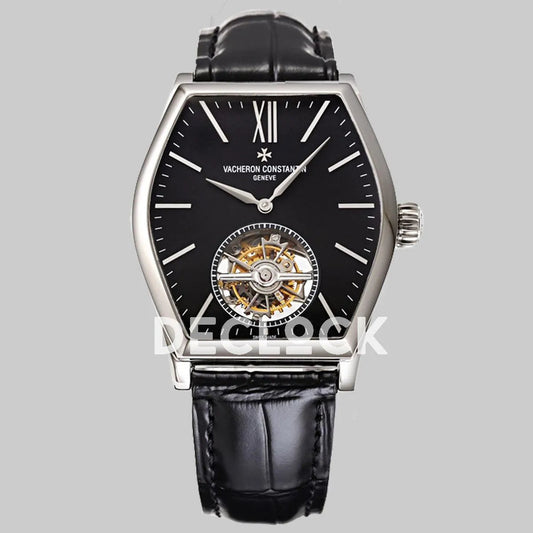 Replica Vacheron Constantin Malte Tourbillon Steel on Black Dial on Black Croco Leather Strap - Replica Watches