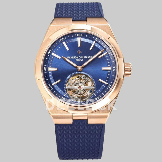 Replica Vacheron Constantin Overseas Tourbillion Blue Dial in Rose Gold on Blue Rubber - Replica Watches