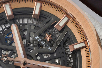 Replica Zenith Defy Classic Skeleton Rose Gold Bezel on Brown Leather Strap - Replica Watches